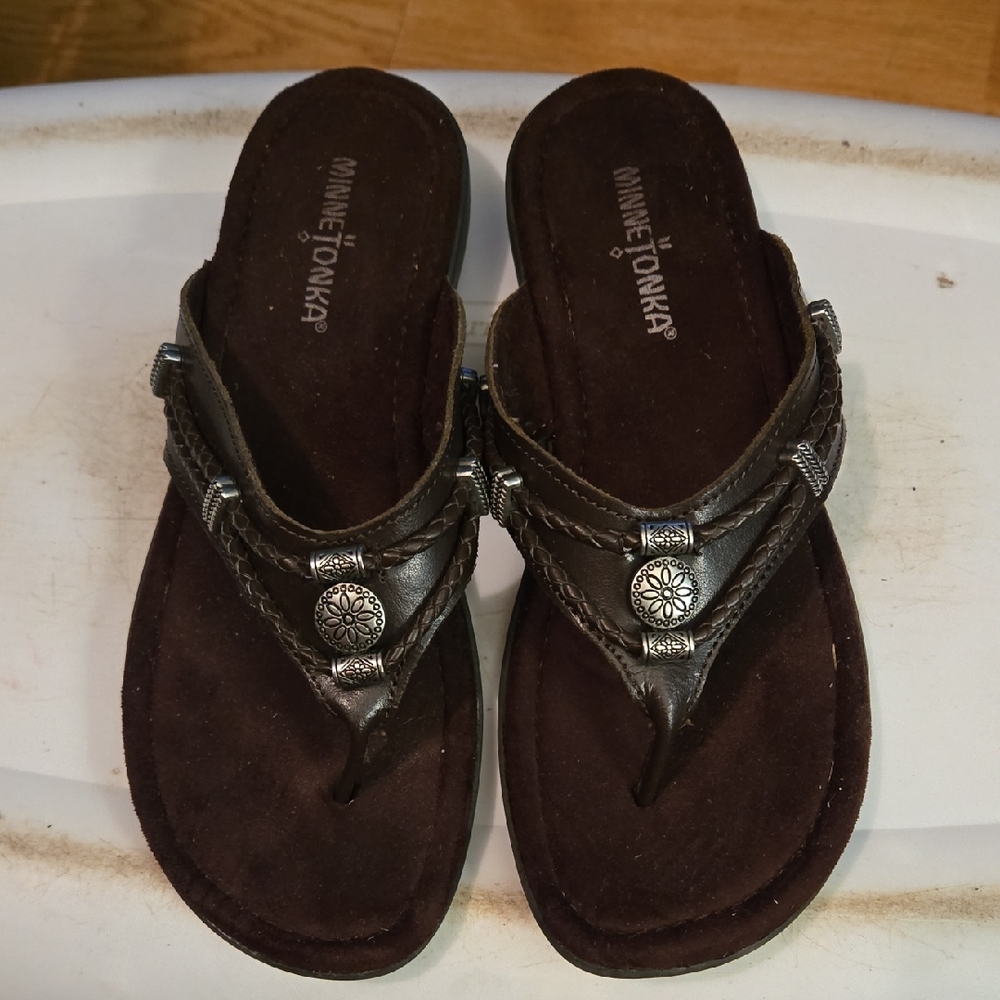 Minnetonka Dark Brown Braided Leather Thong Sandals with Conchos